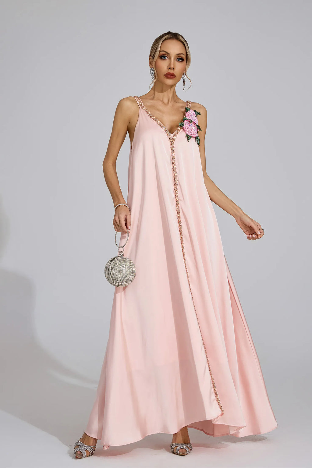 Kamelya Pembe Saten Maxi Elbise