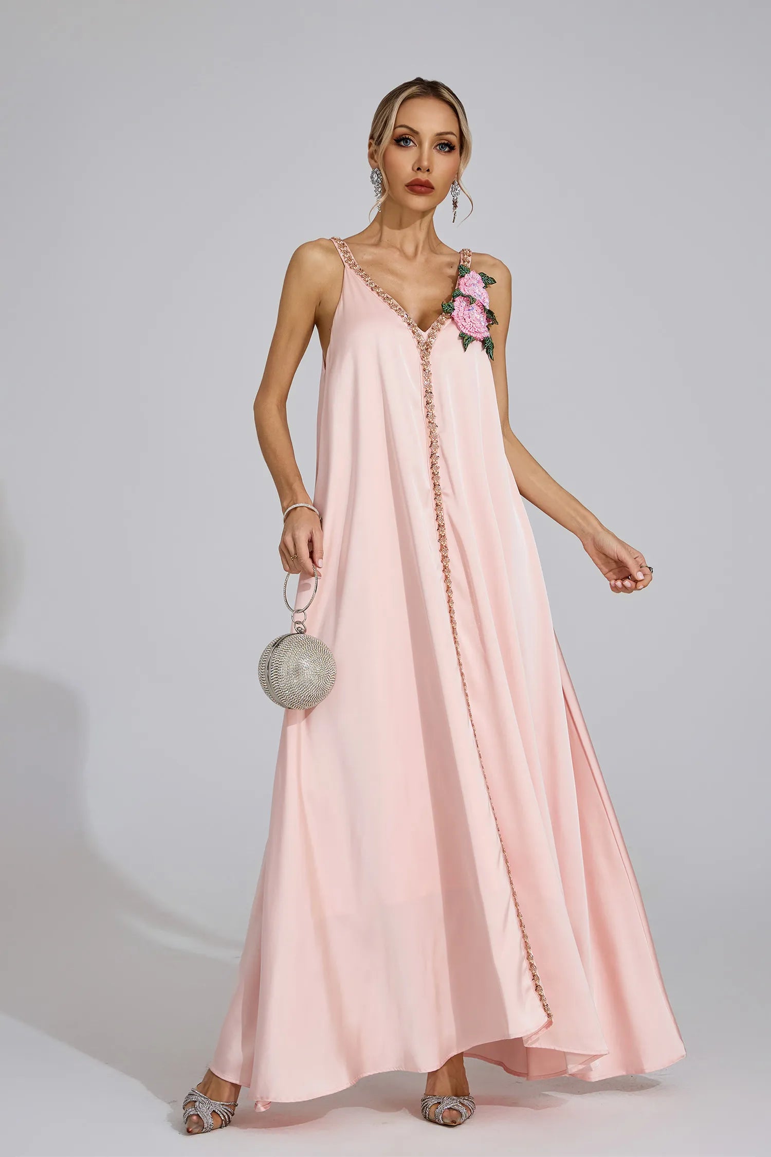 Kamelya Pembe Saten Maxi Elbise