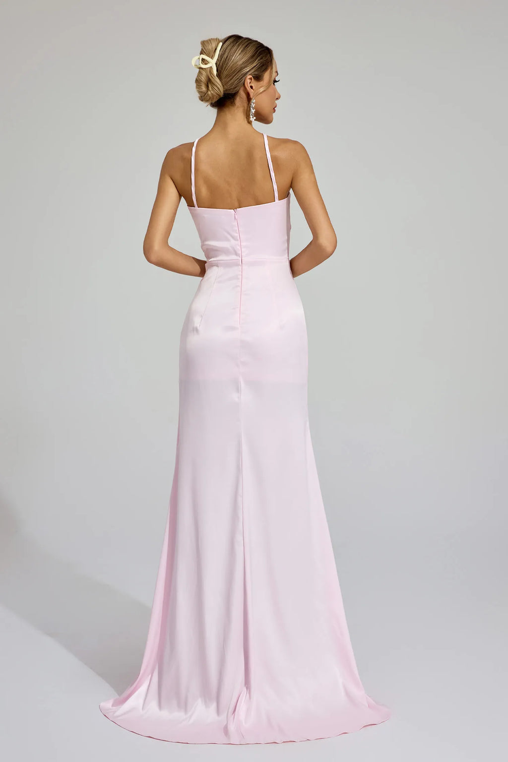 Katell Pembe Yırtmaçlı Halter Maxi Elbise
