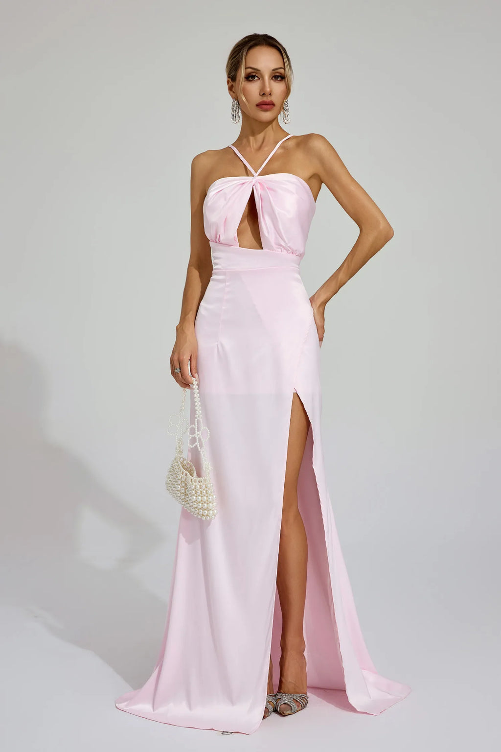 Katell Pembe Yırtmaçlı Halter Maxi Elbise