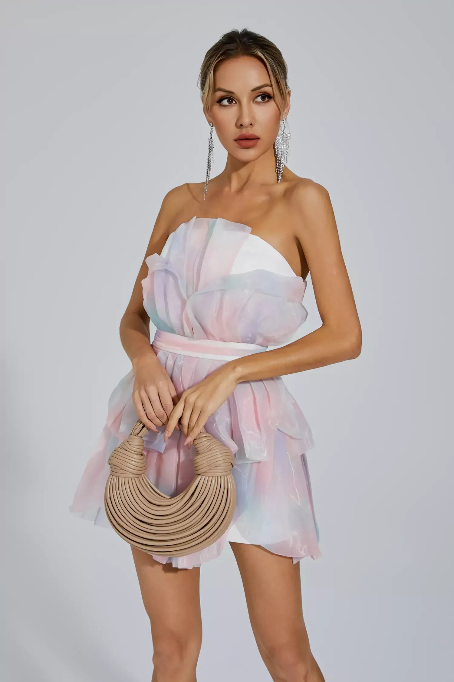 Elsa Pembe Kemerli Mini Şifon Elbise