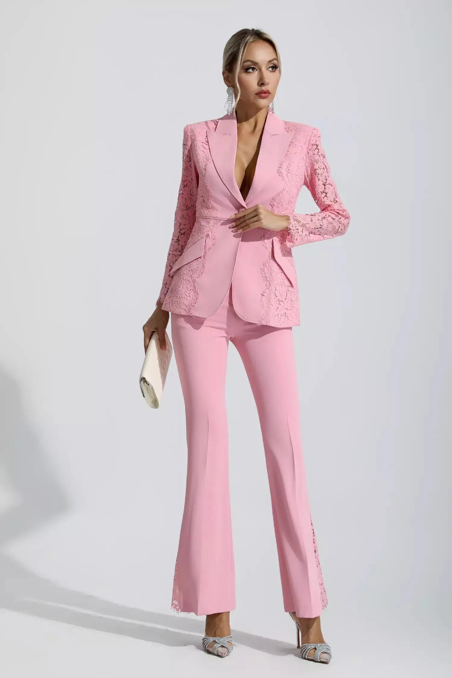 Emory Pembe Çiçekli Dantel Blazer Takımı