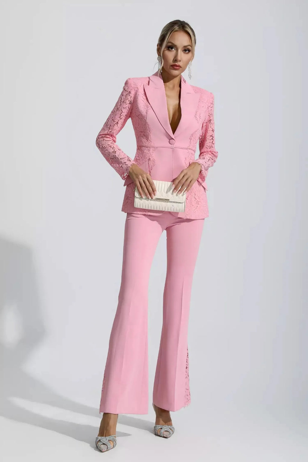 Emory Pembe Çiçekli Dantel Blazer Takımı
