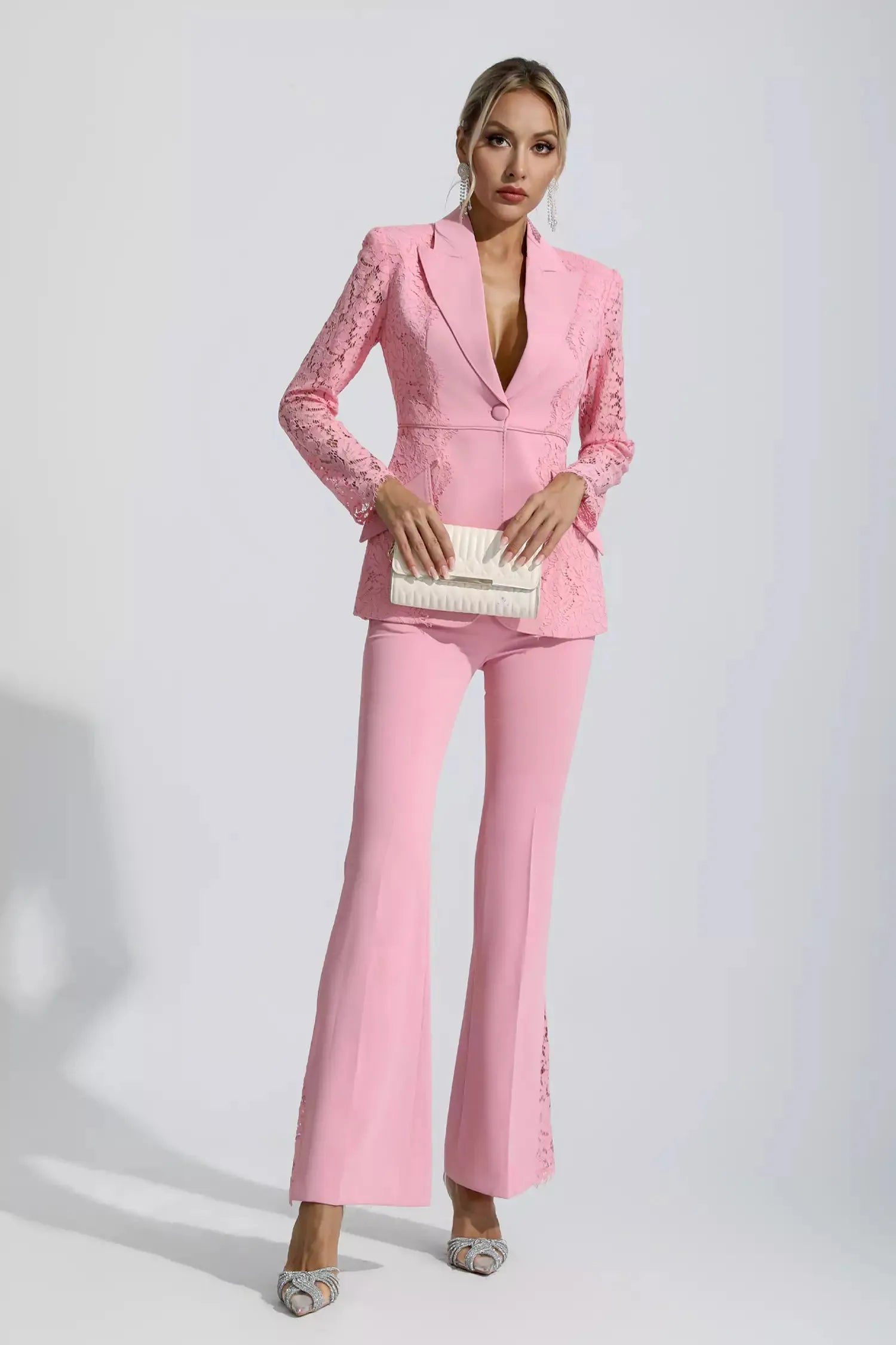Emory Pembe Çiçekli Dantel Blazer Takımı