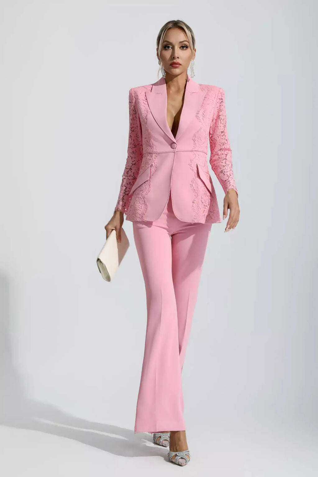 Emory Pembe Çiçekli Dantel Blazer Takımı