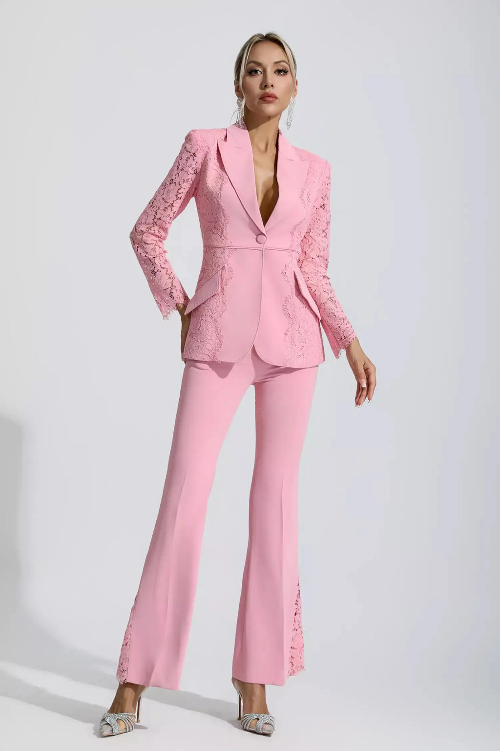 Emory Pembe Çiçekli Dantel Blazer Takımı
