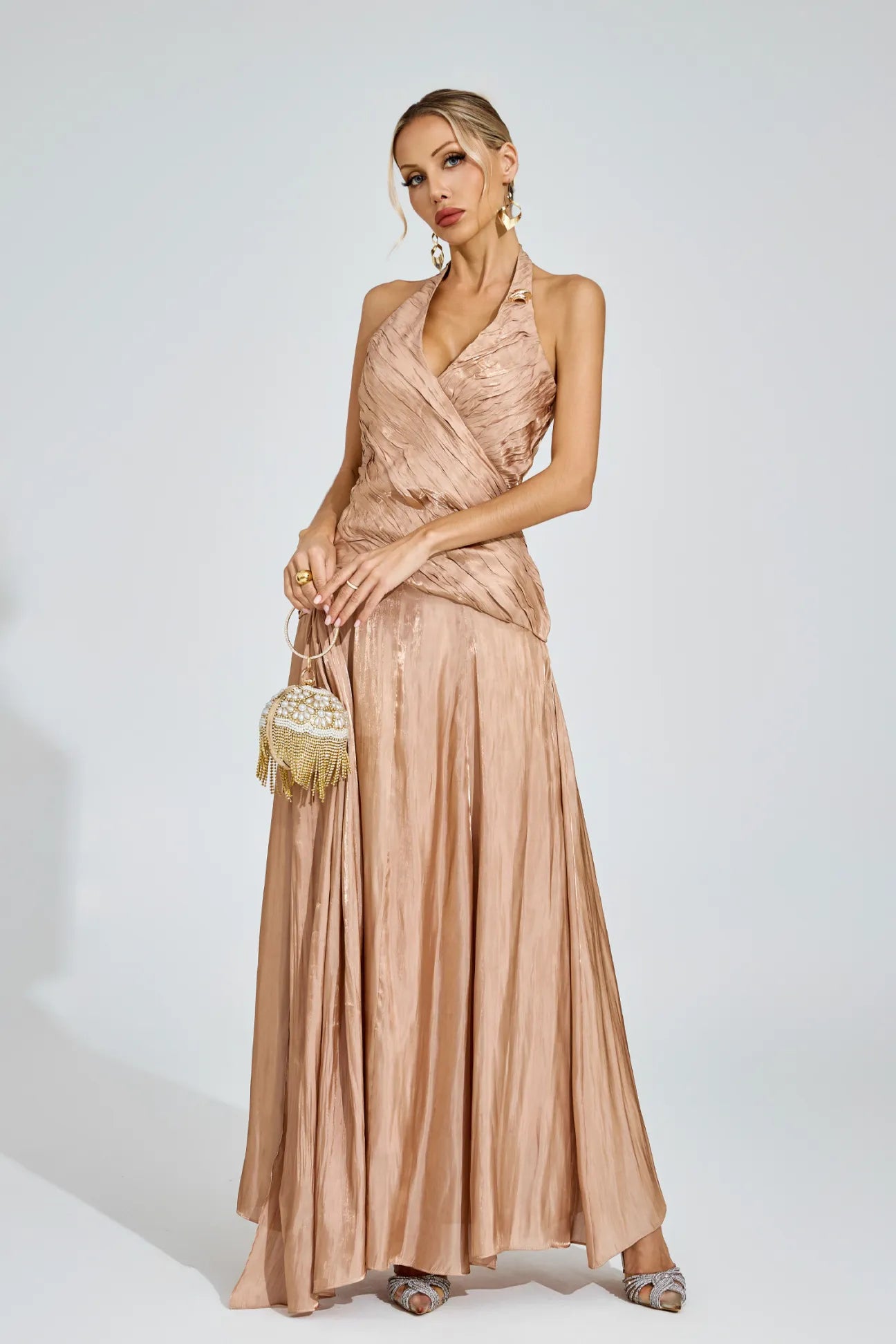 Melody Şampanya Halter Maxi Elbise