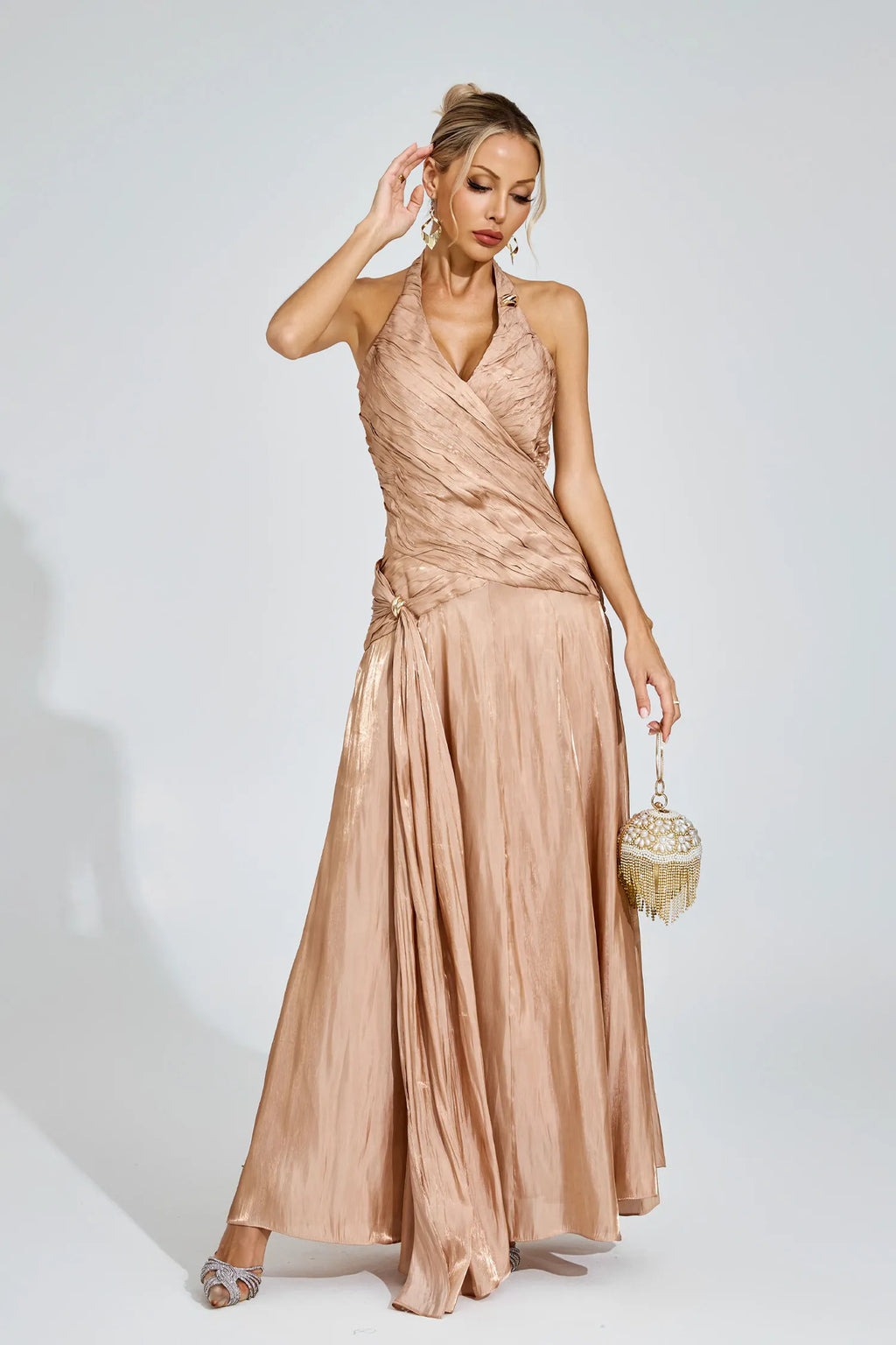 Melody Şampanya Halter Maxi Elbise