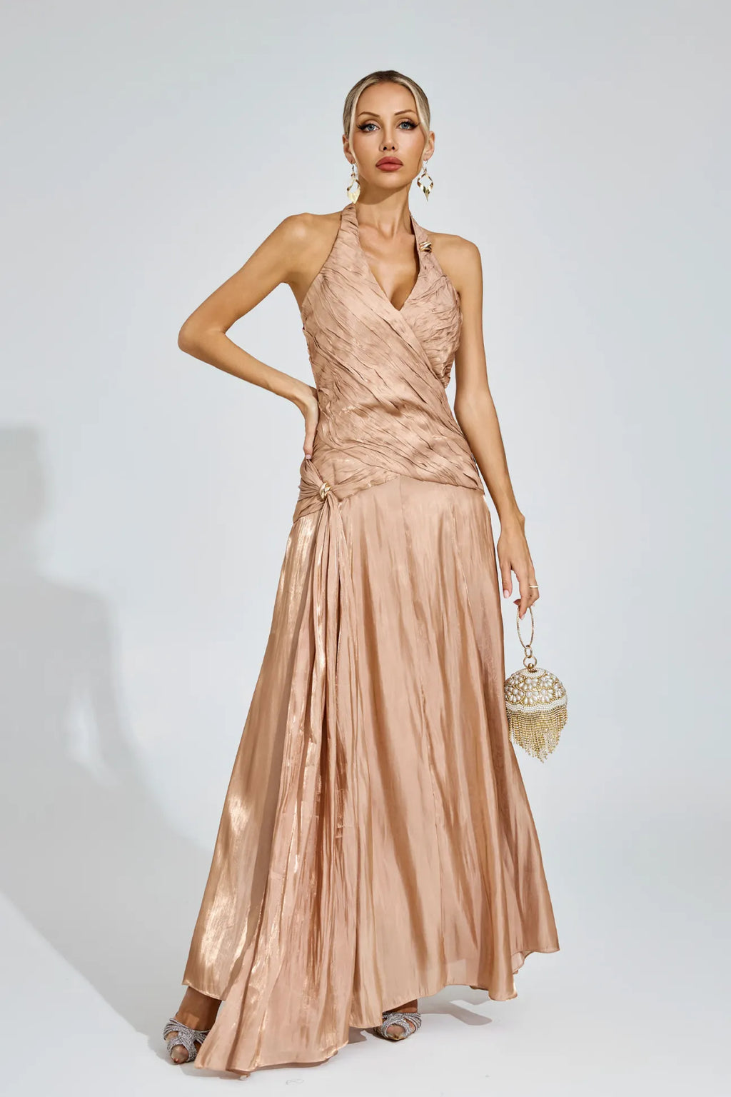 Melody Şampanya Halter Maxi Elbise
