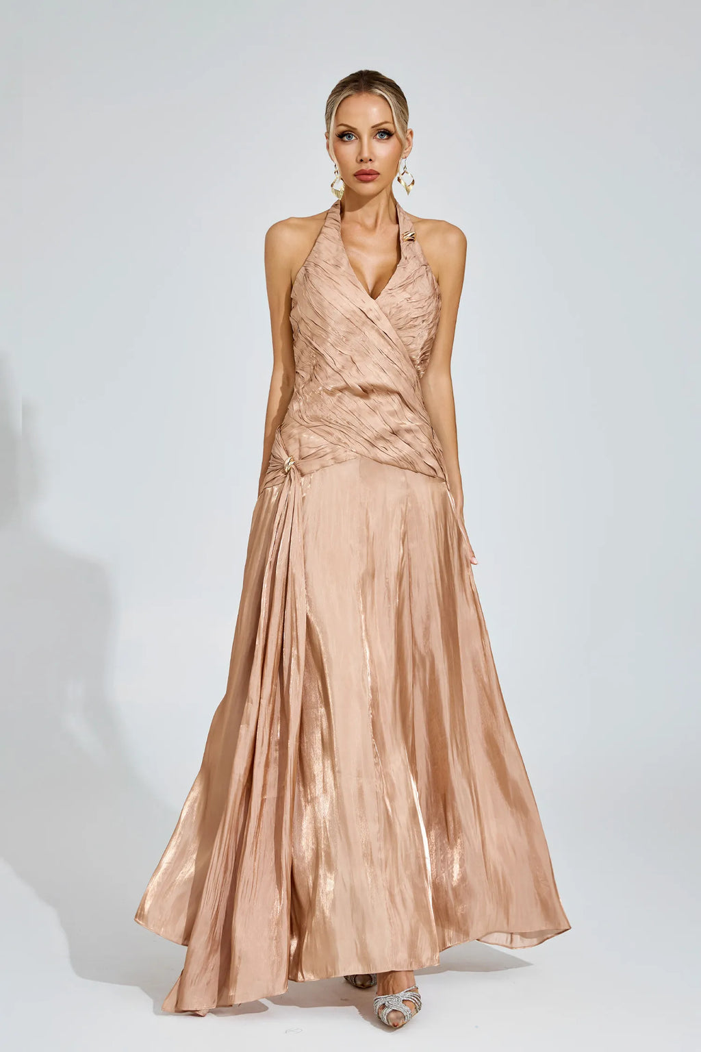 Melody Şampanya Halter Maxi Elbise