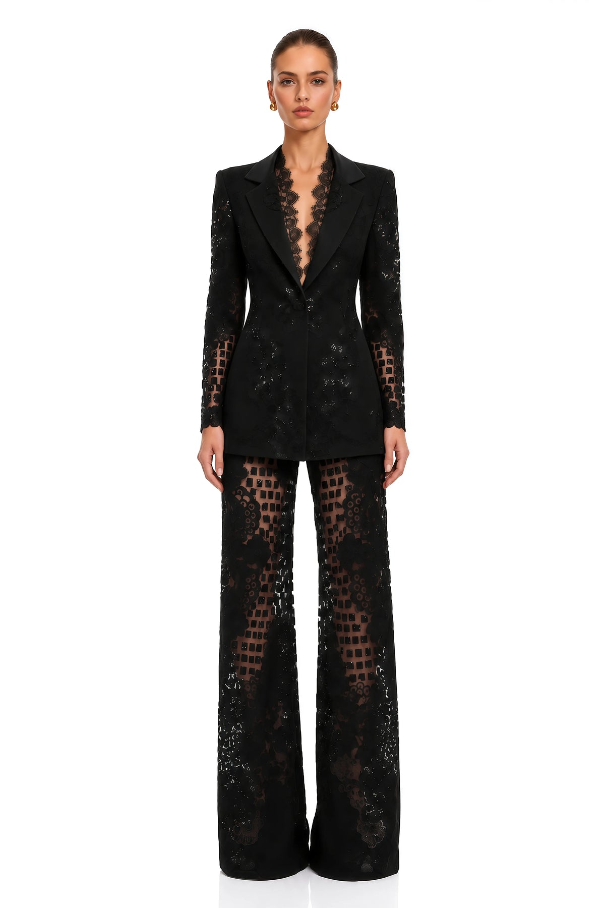 Faigy Payetli Dantel Blazer ve Pantolon Takım Siyah