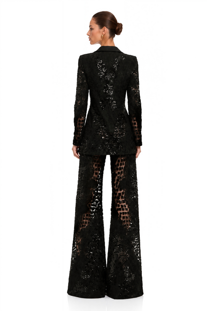 Faigy Payetli Dantel Blazer ve Pantolon Takım Siyah