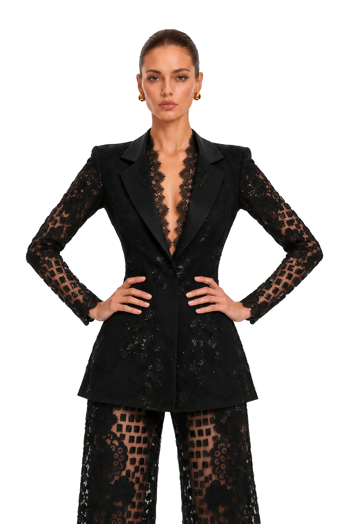 Faigy Payetli Dantel Blazer ve Pantolon Takım Siyah