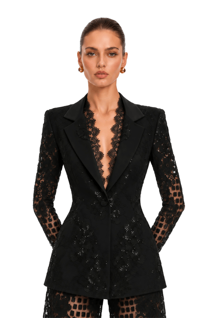 Faigy Payetli Dantel Blazer ve Pantolon Takım Siyah