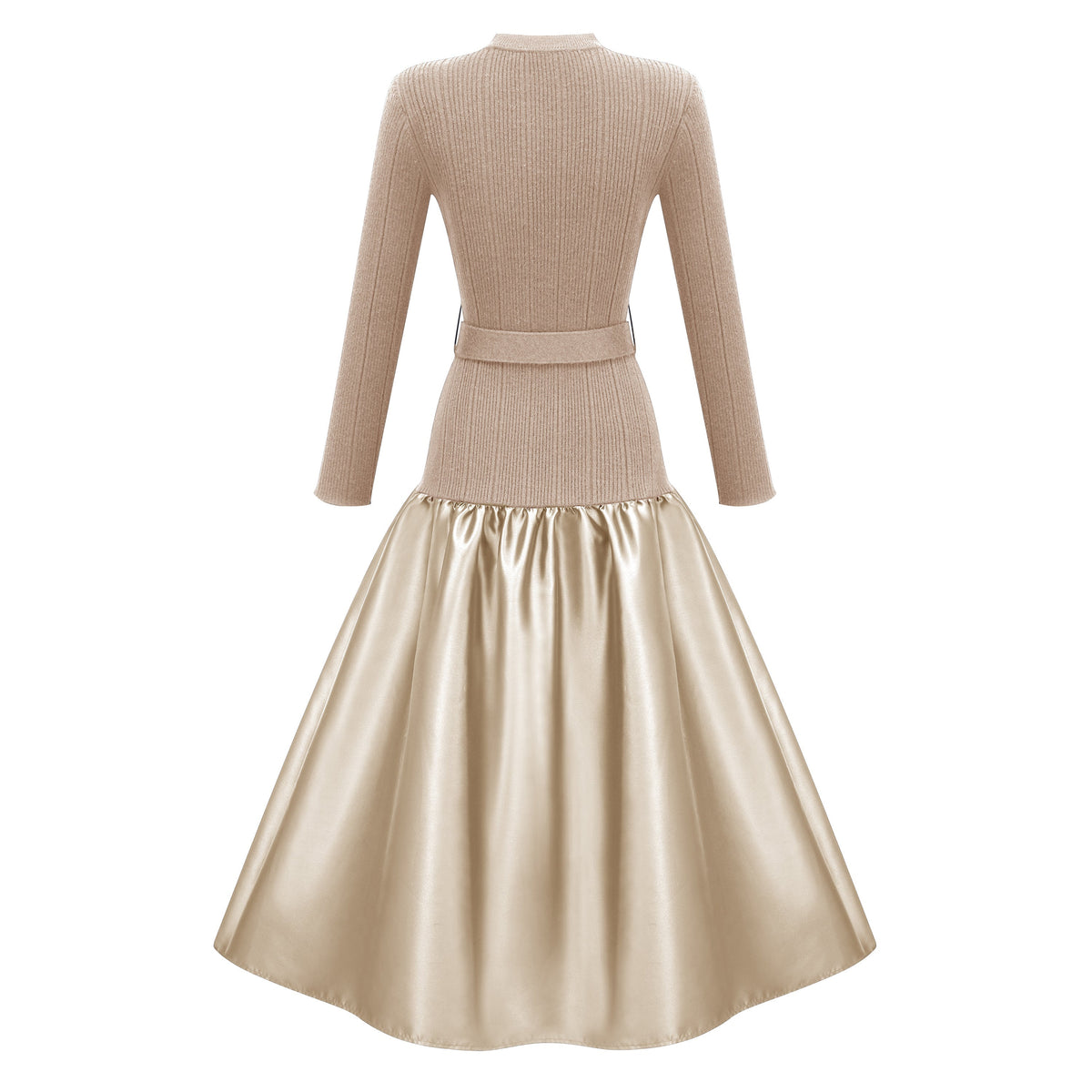 Fern Saten Panel Triko Midi Elbise Altın