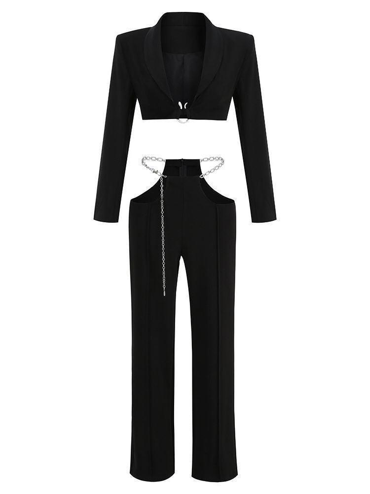 Gwyneth Siyah Renkli Derin V Yakalı Kesik Blazer Takımı