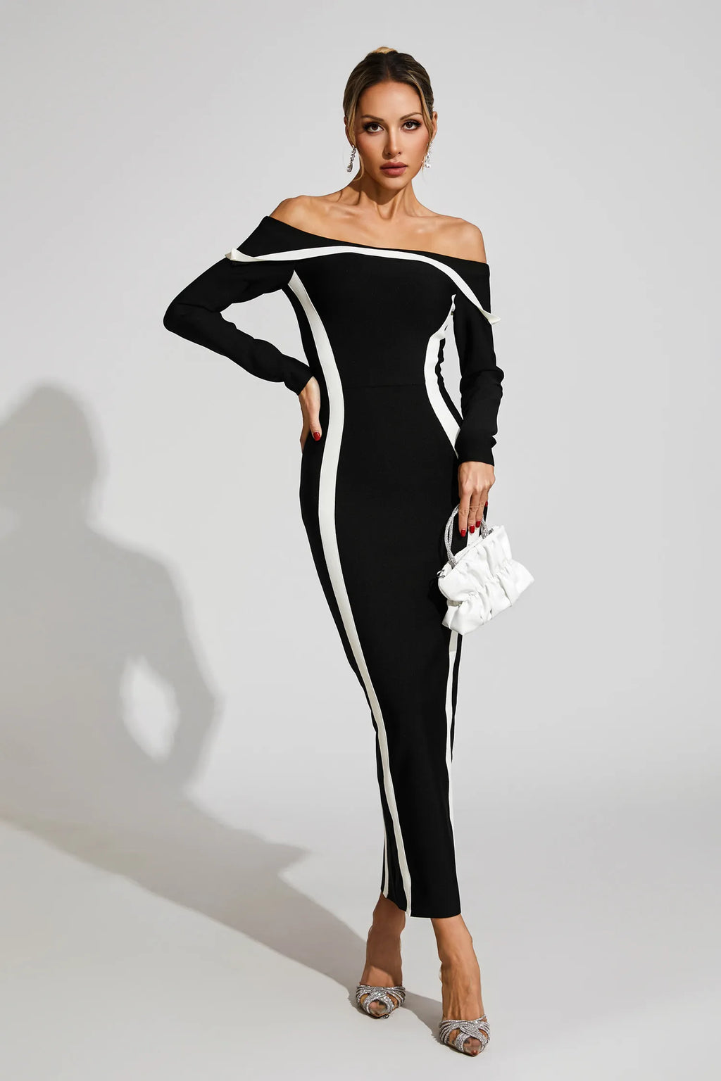Selestia Siyah Off Shoulder Bandaj Maxi Elbise