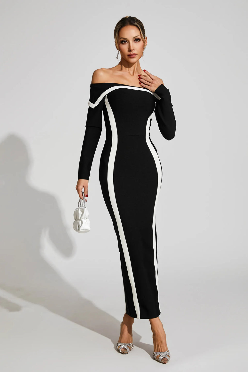 Selestia Siyah Off Shoulder Bandaj Maxi Elbise