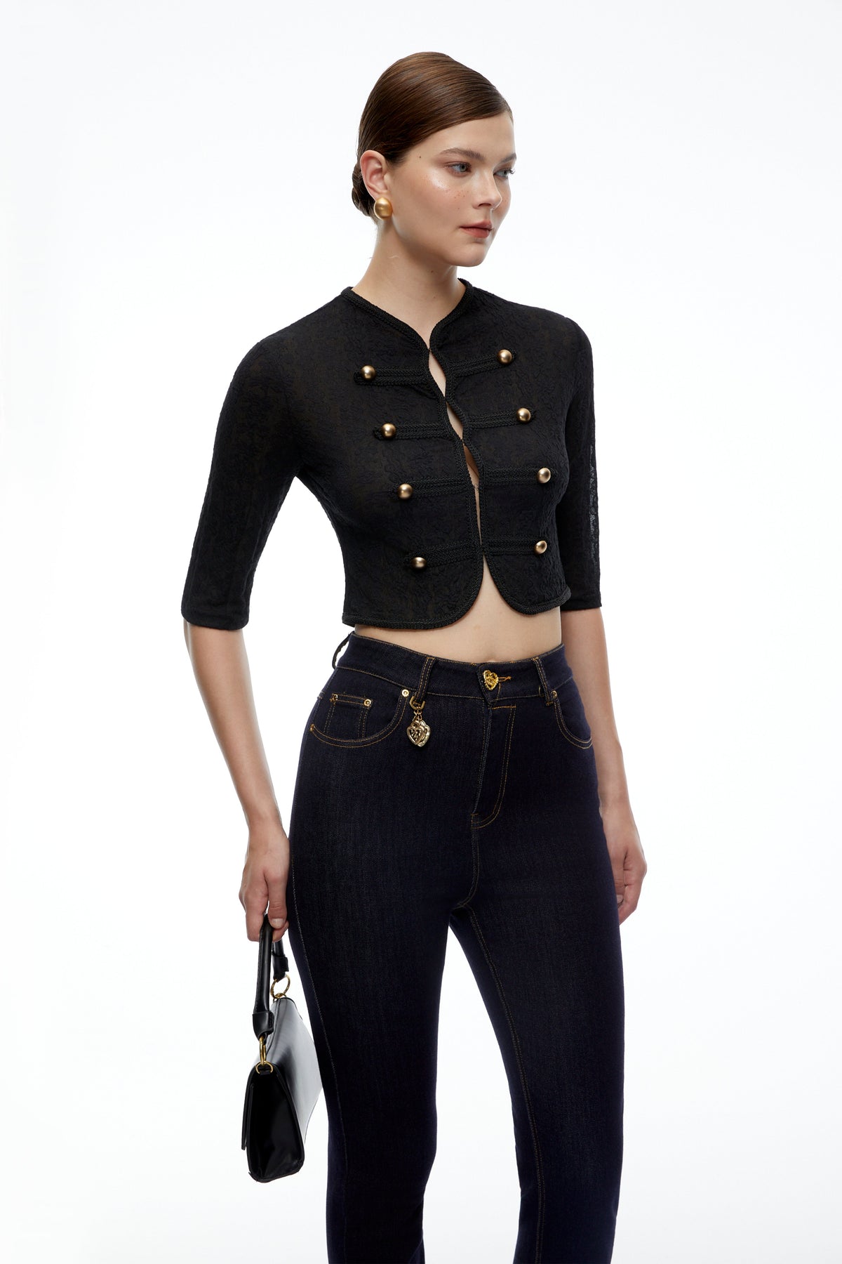Helena Dantelli Kruvaze Crop Ceket Siyah
