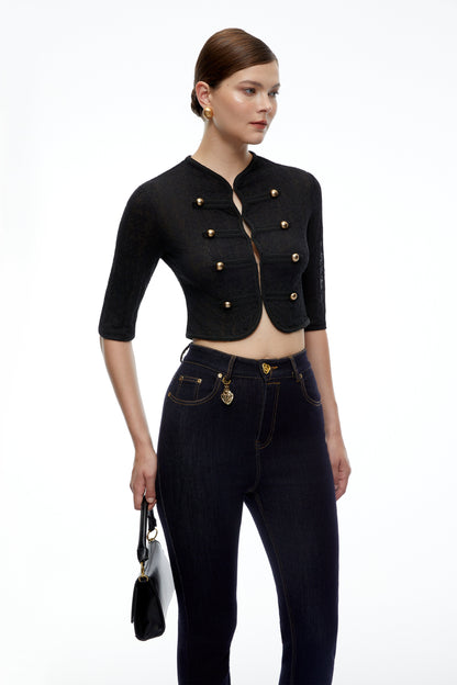 Helena Dantelli Kruvaze Crop Ceket Siyah