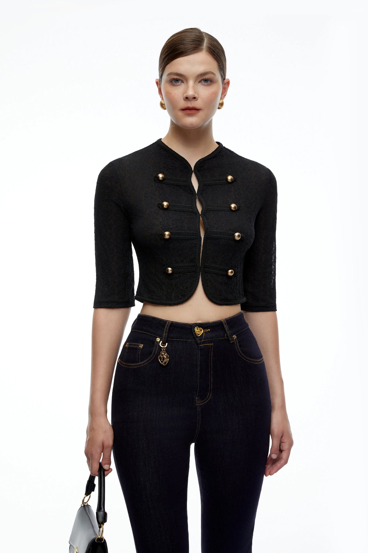 Helena Dantelli Kruvaze Crop Ceket Siyah