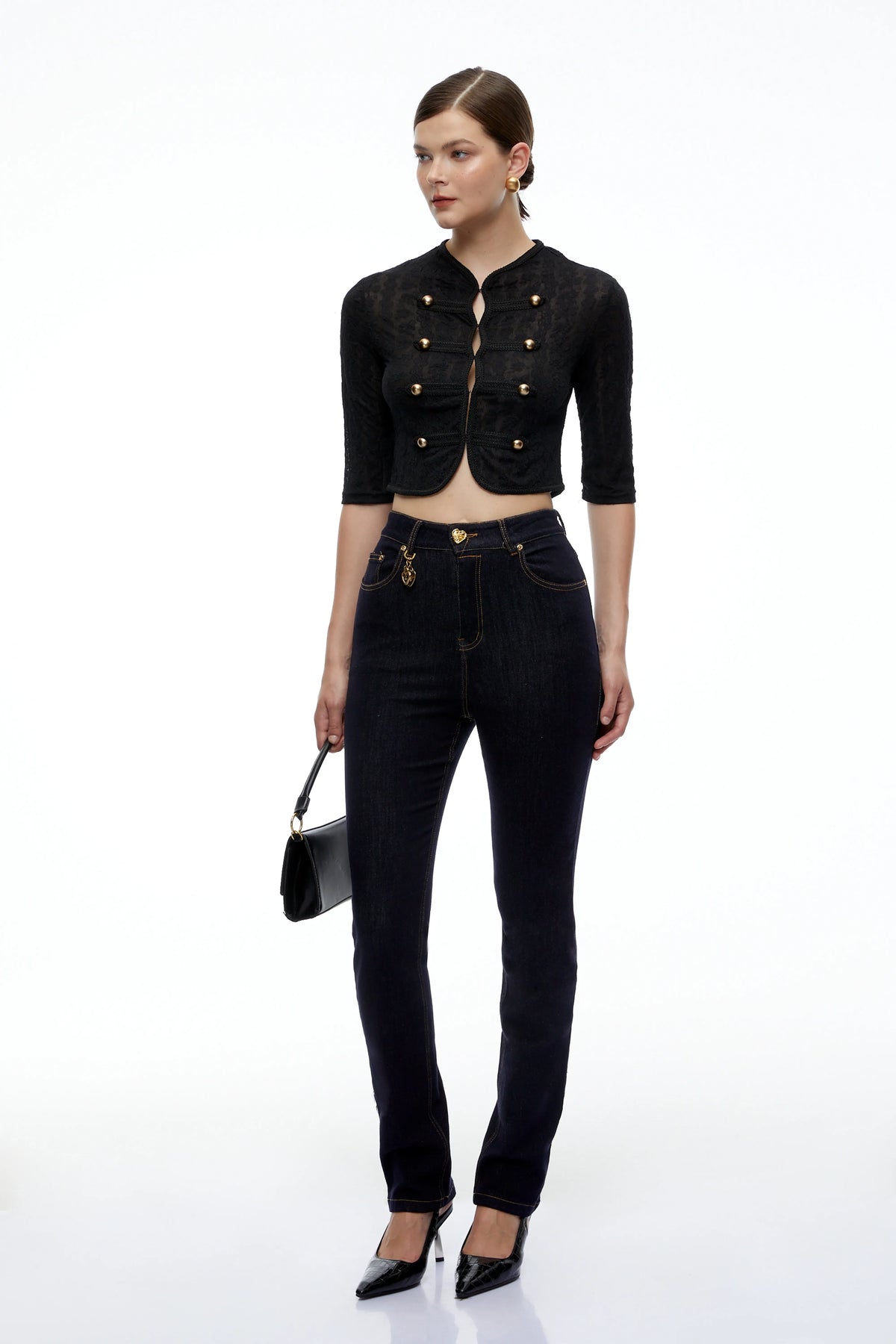 Helena Dantelli Kruvaze Crop Ceket Siyah