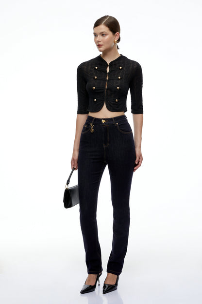 Helena Dantelli Kruvaze Crop Ceket Siyah
