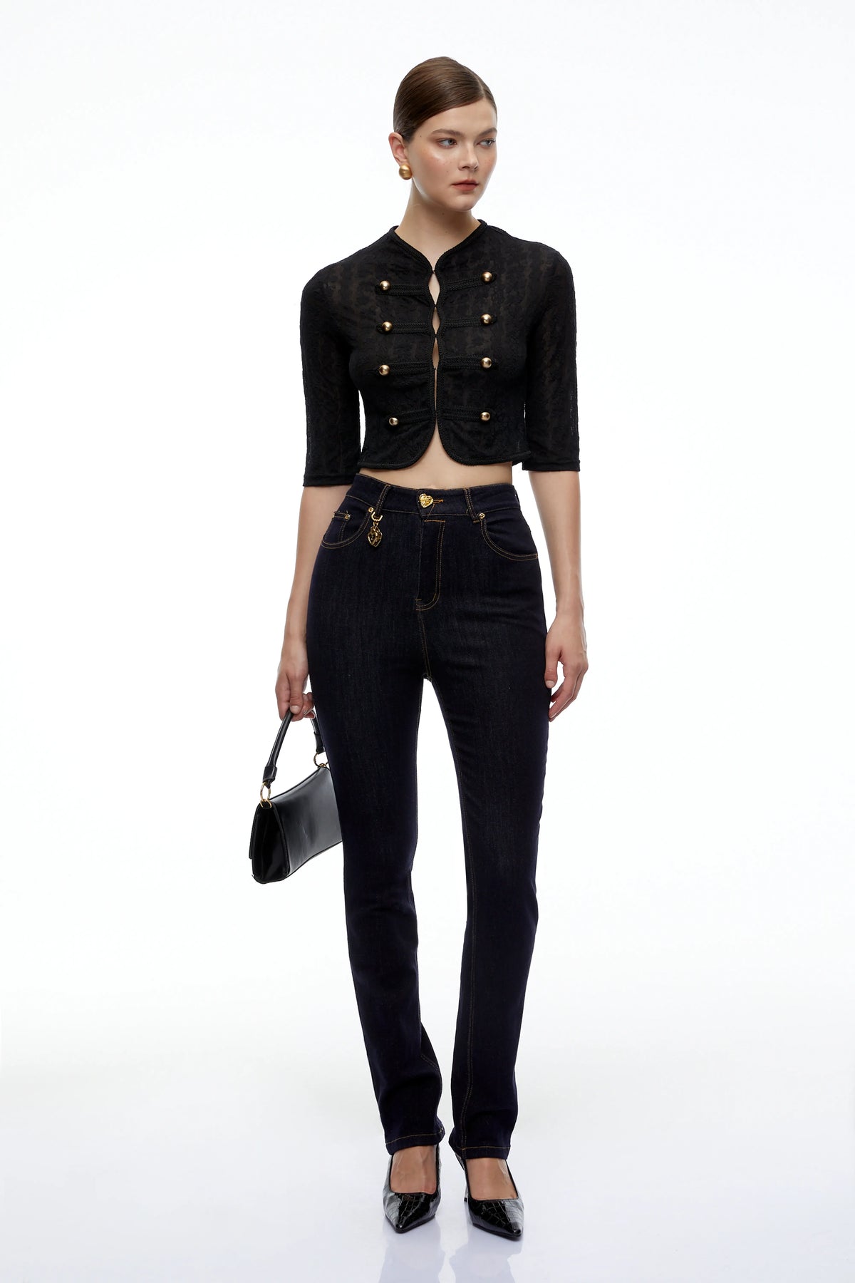 Helena Dantelli Kruvaze Crop Ceket Siyah
