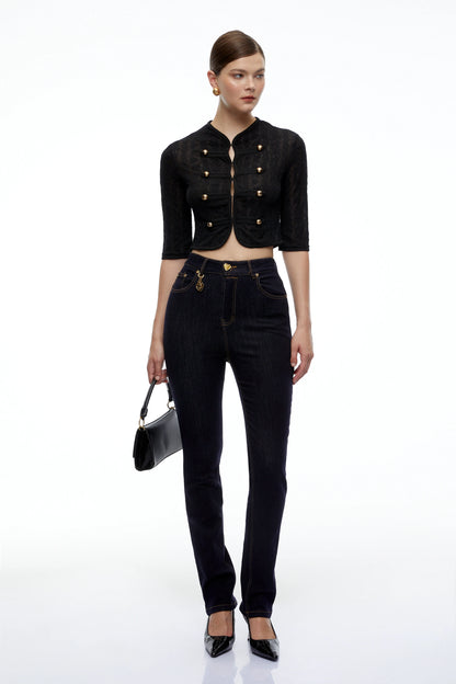 Helena Dantelli Kruvaze Crop Ceket Siyah