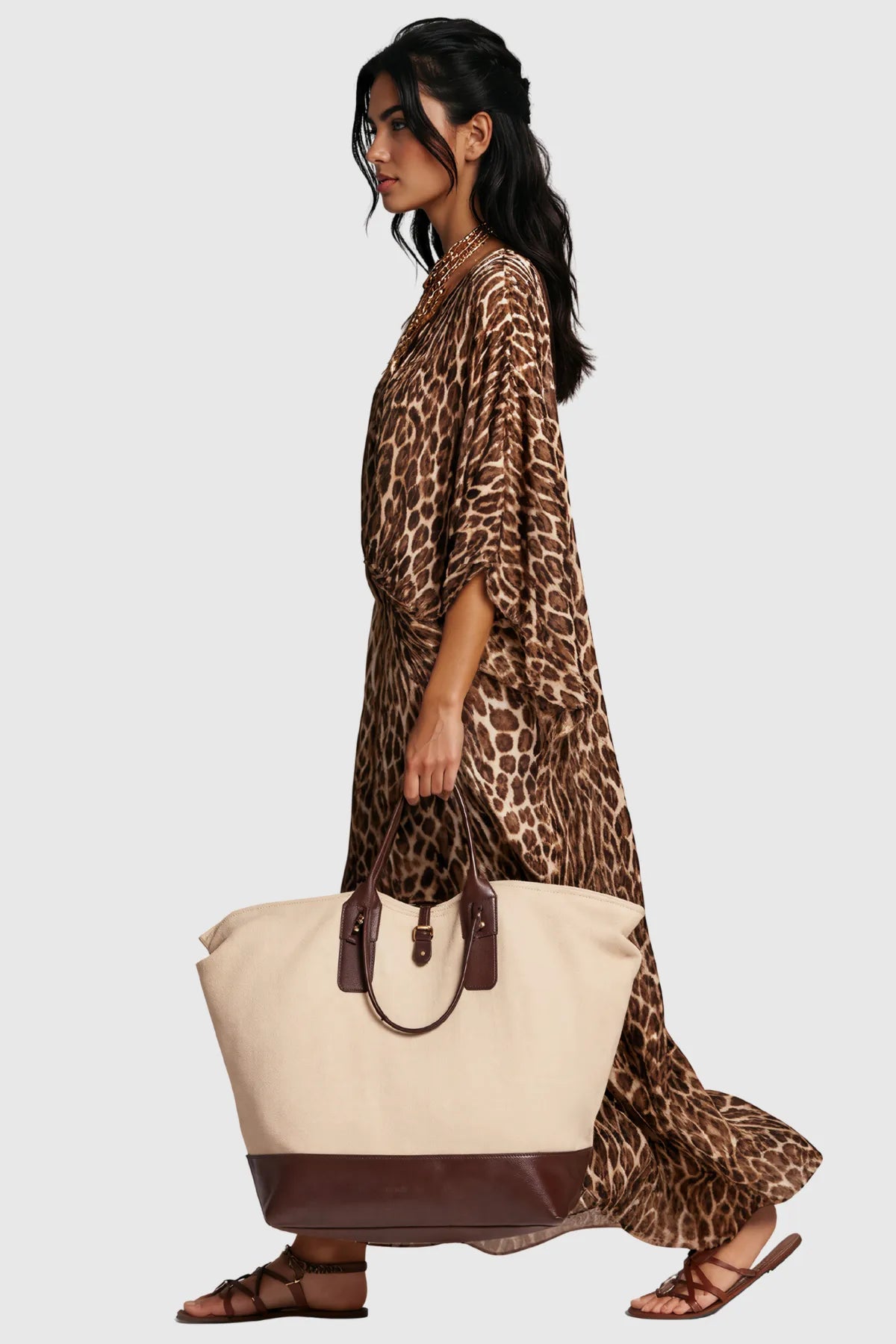 Invidia V Yaka Leopar Desenli Maxi Elbise