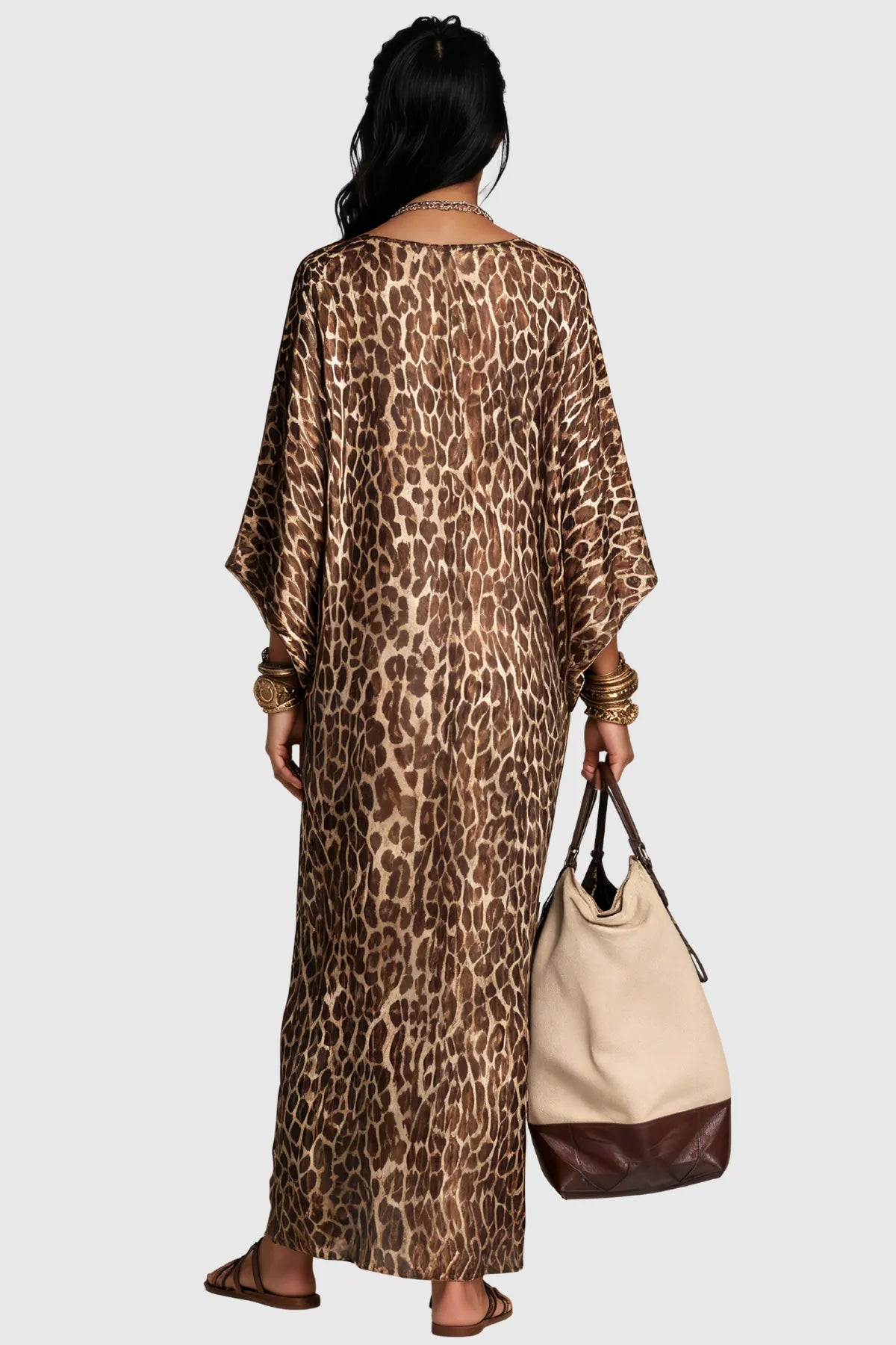 Invidia V Yaka Leopar Desenli Maxi Elbise