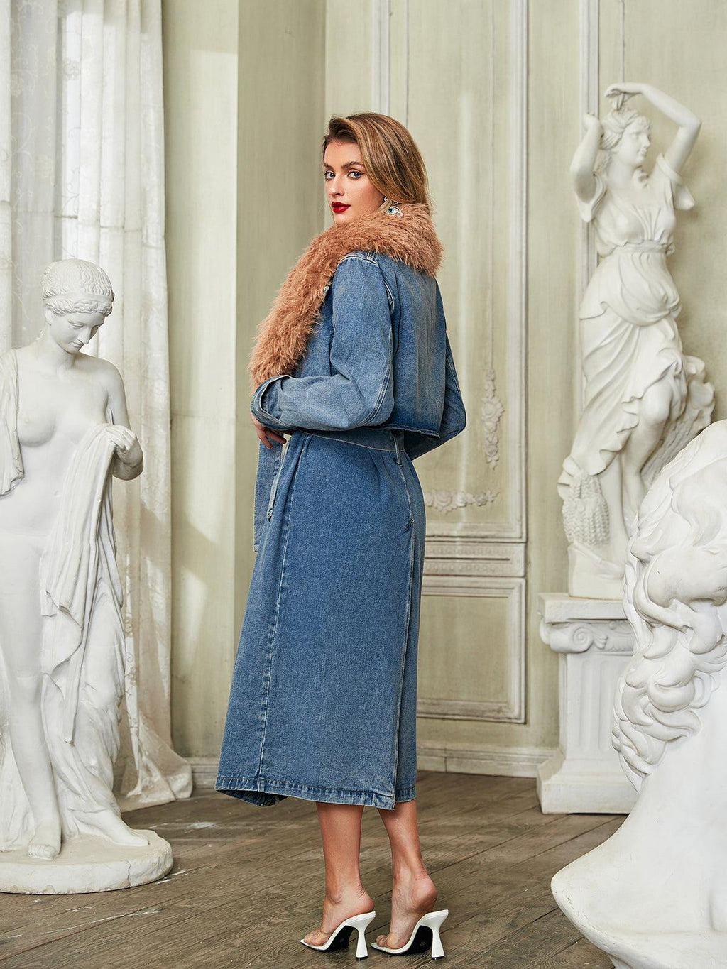 Ishtar Suni Kürk Yaka Denim Mont