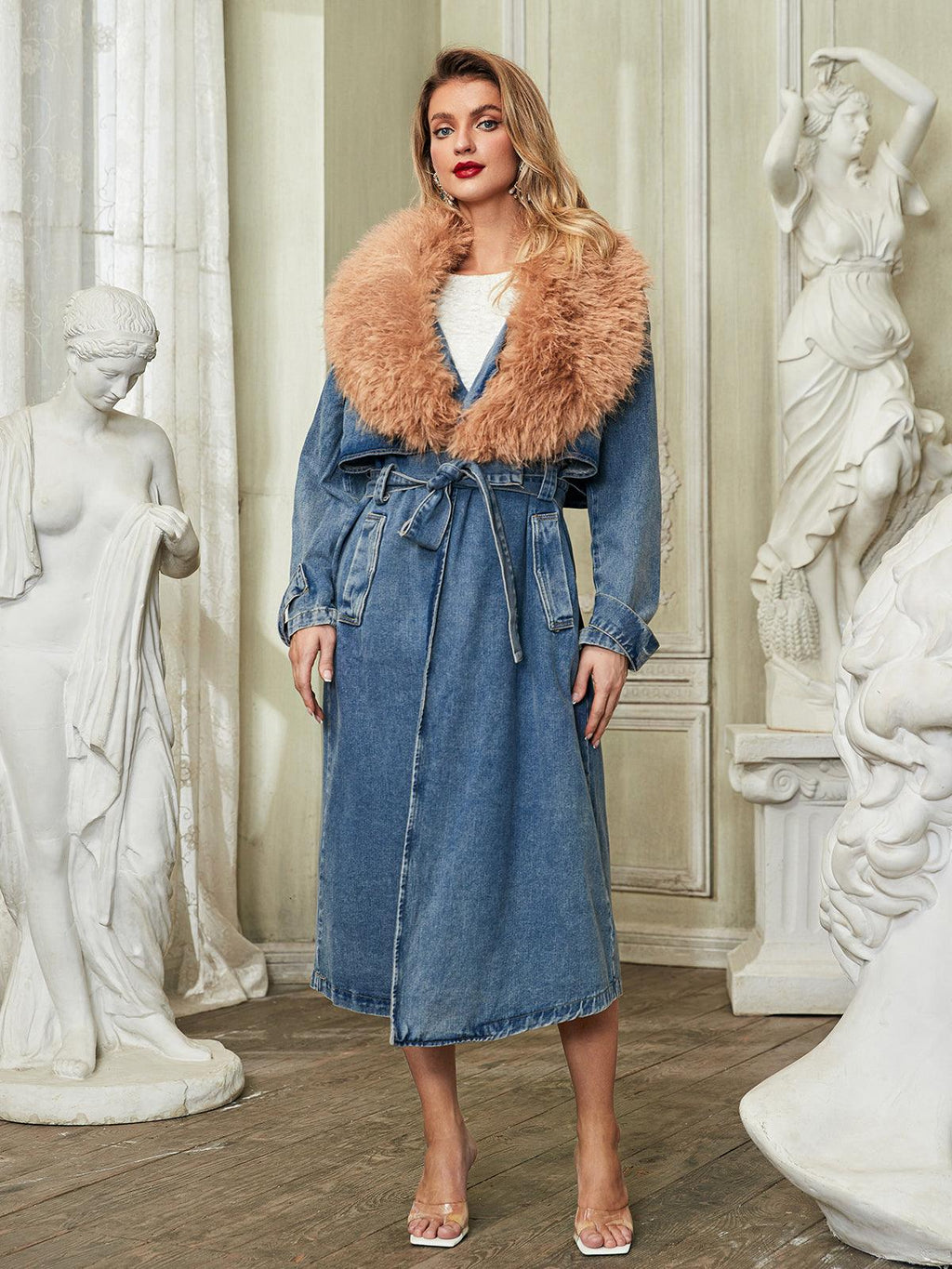 Ishtar Suni Kürk Yaka Denim Mont