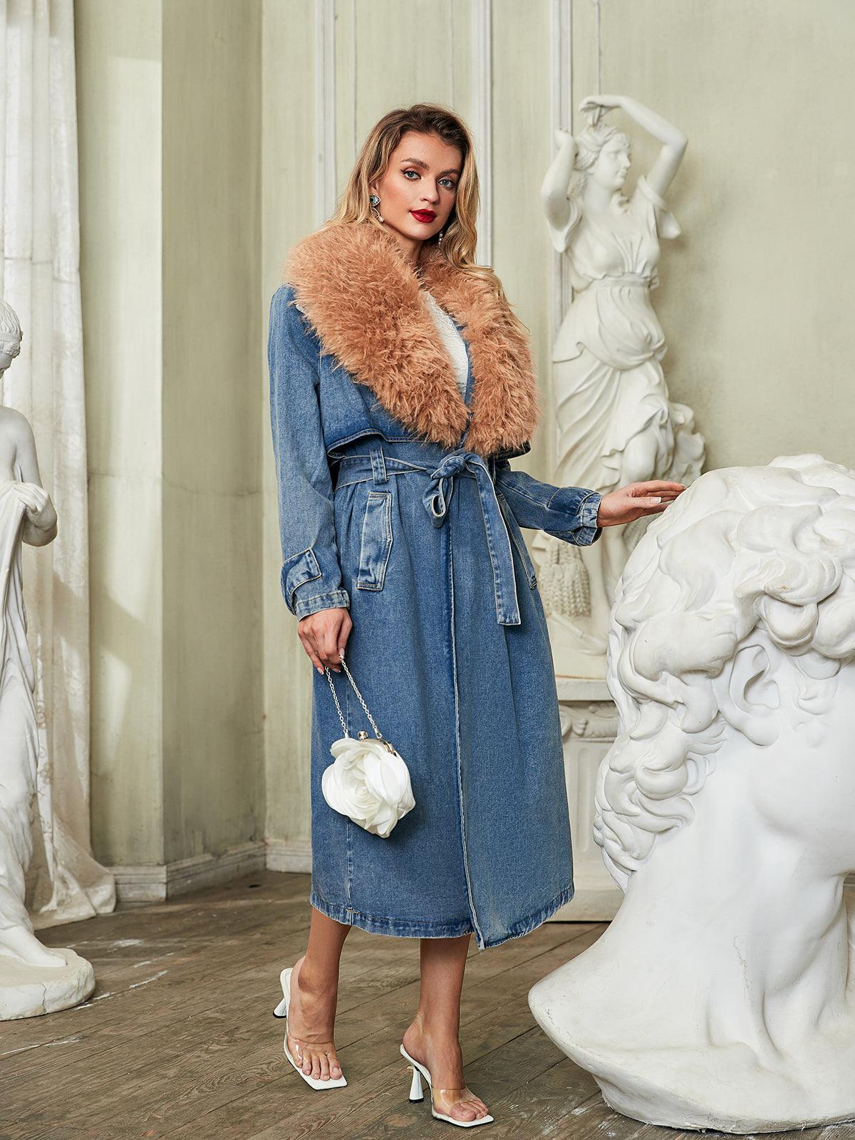 Ishtar Suni Kürk Yaka Denim Mont