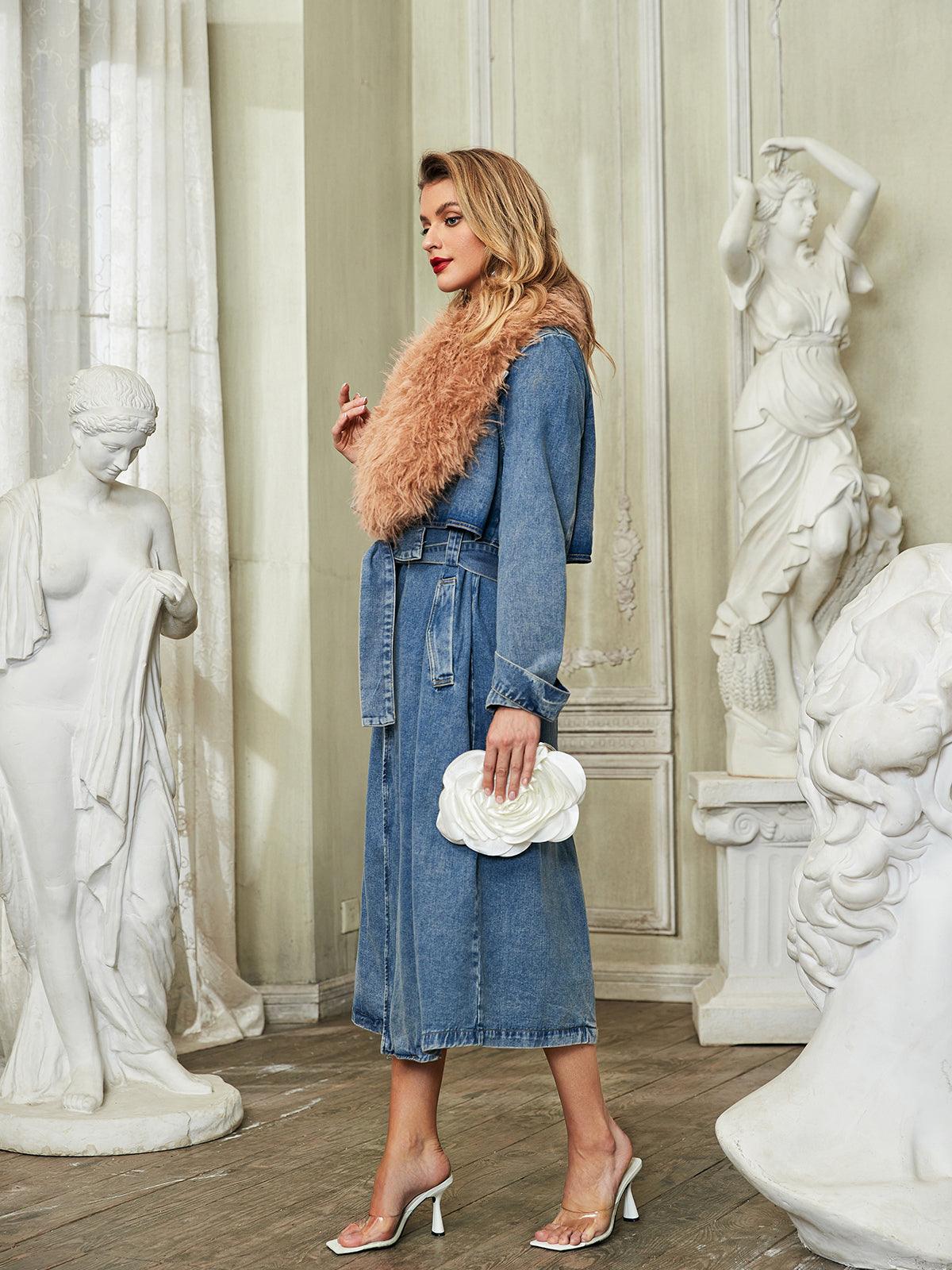 Ishtar Suni Kürk Yaka Denim Mont