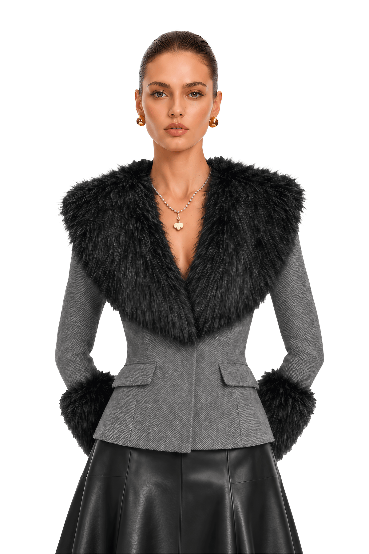 Jonna Kürklü Yaka Blazer Ceket Gri