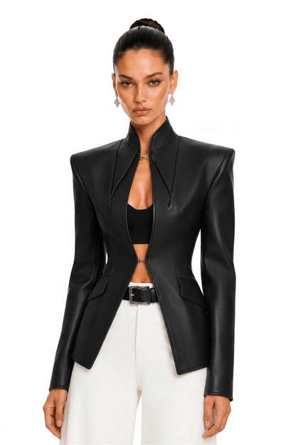 Jream Deri Görünümlü Yapılı Blazer Siyah