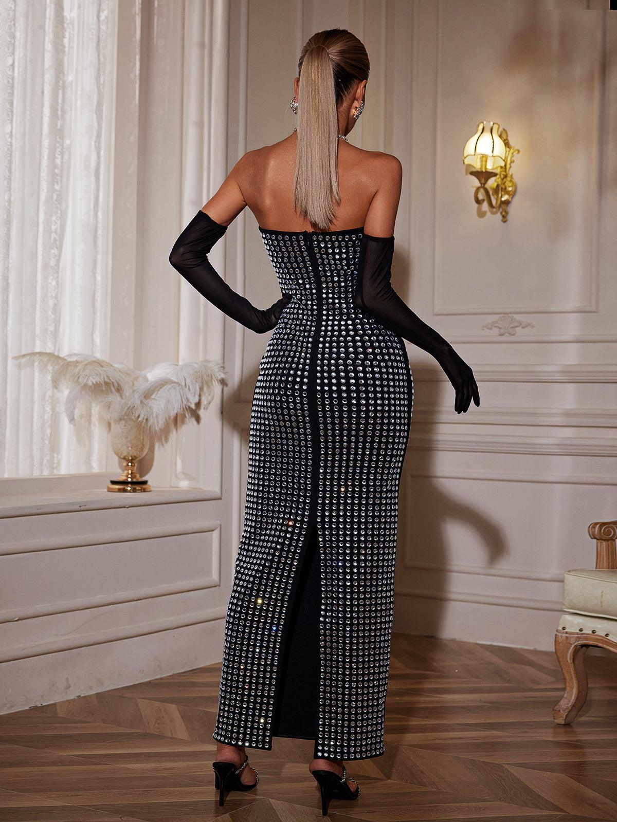Khy Rhinestone Bandaj Maxi Elbise Eldivenlerle