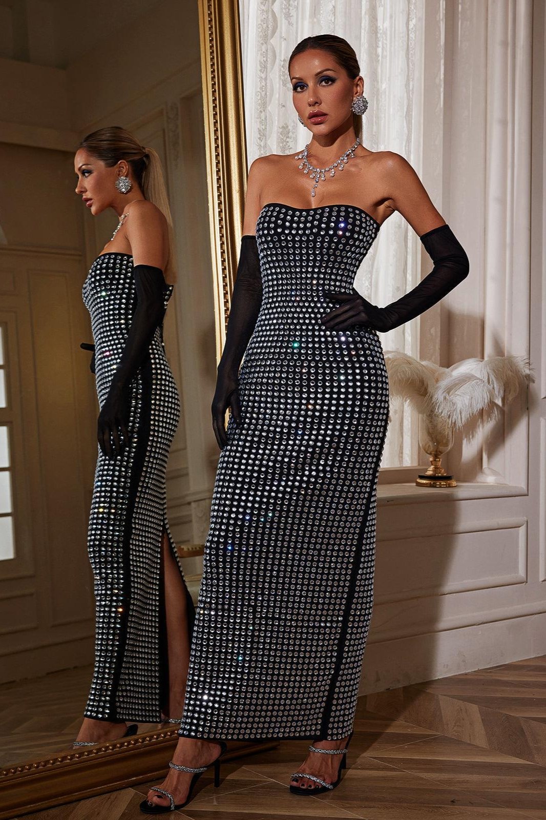 Khy Rhinestone Bandaj Maxi Elbise Eldivenlerle