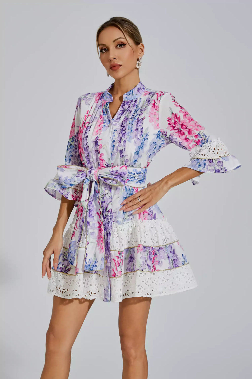 Kimora Çiçekli Kemerli Mini Elbise