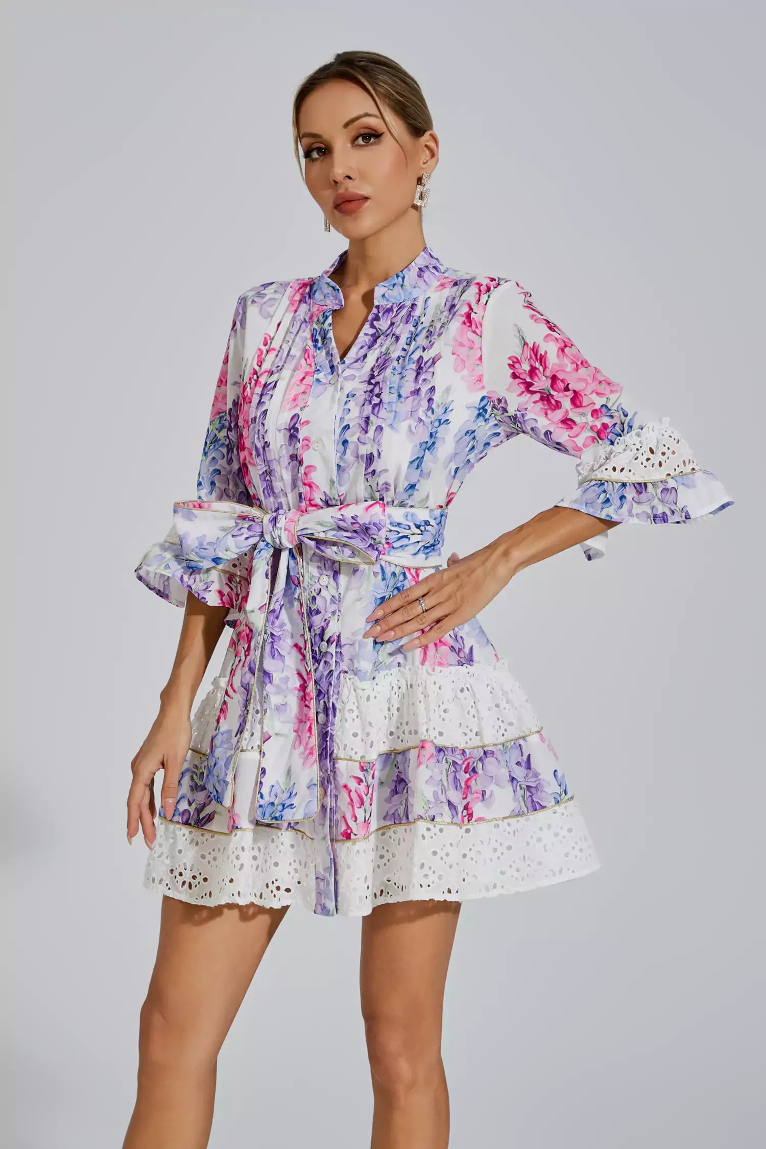 Kimora Çiçekli Kemerli Mini Elbise