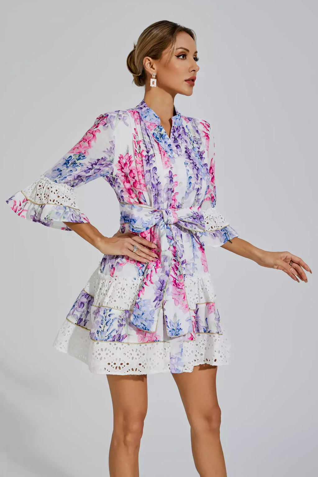 Kimora Çiçekli Kemerli Mini Elbise