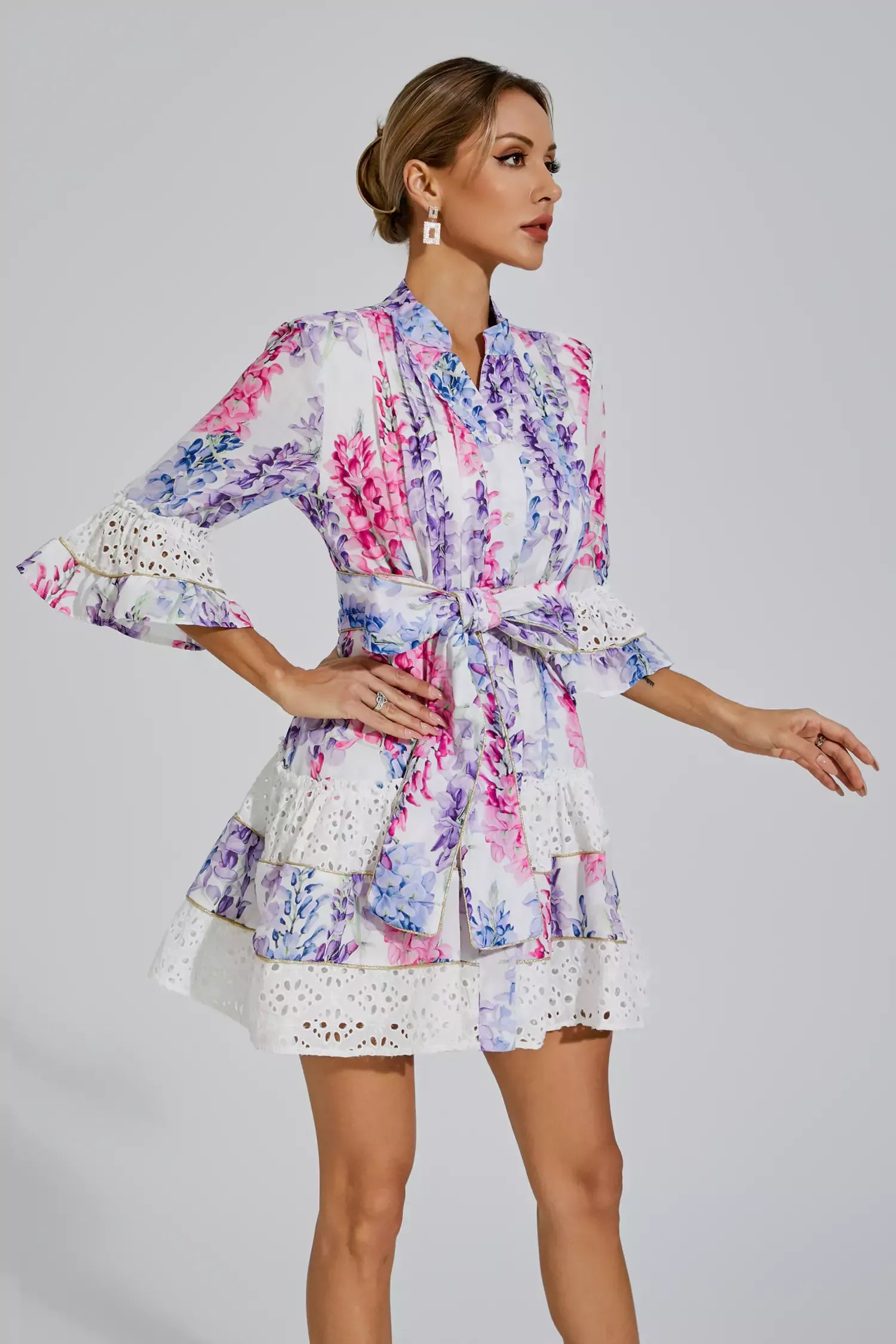 Kimora Çiçekli Kemerli Mini Elbise