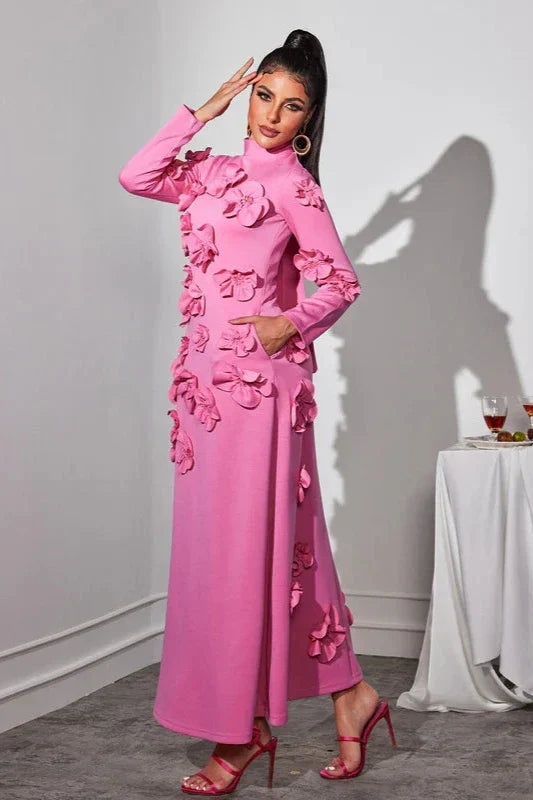 Elva Pembe Uzun Kollu Çiçekli Maxi Elbise