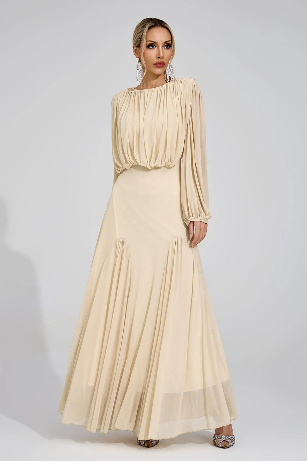 Kalypso Bej Plise Maxi Elbise