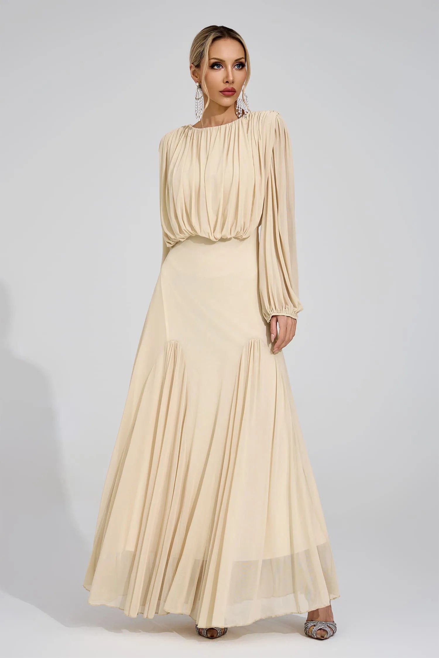 Kalypso Bej Plise Maxi Elbise
