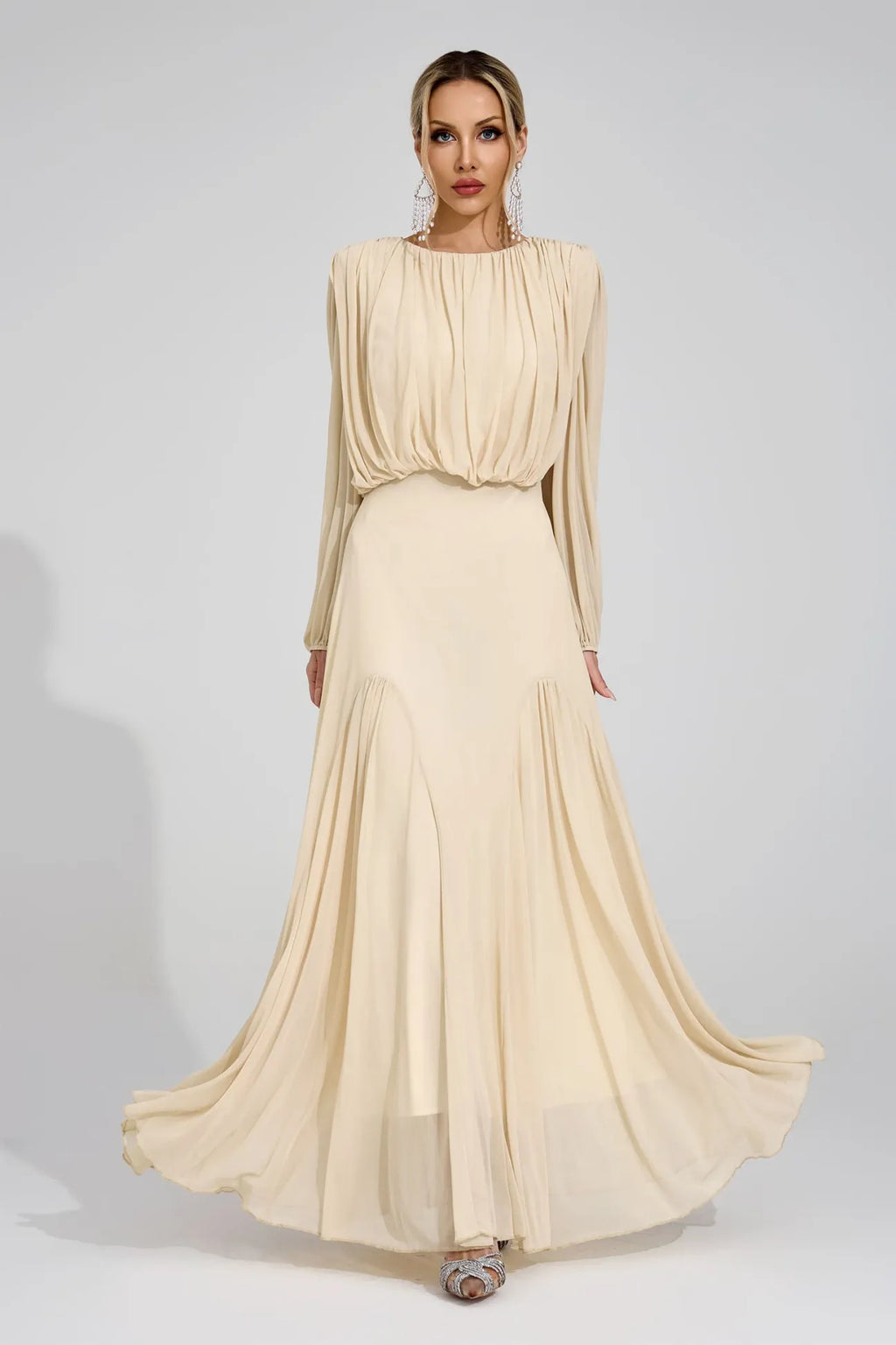 Kalypso Bej Plise Maxi Elbise