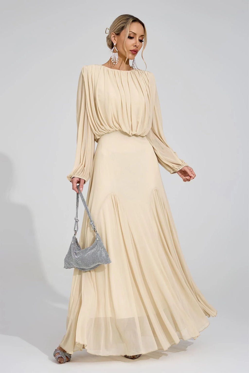 Kalypso Bej Plise Maxi Elbise