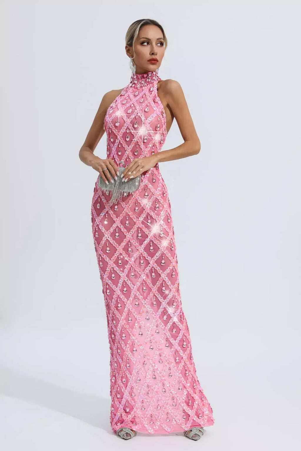 Louise Pembe Elmas Maxi Elbise (Astarsız)