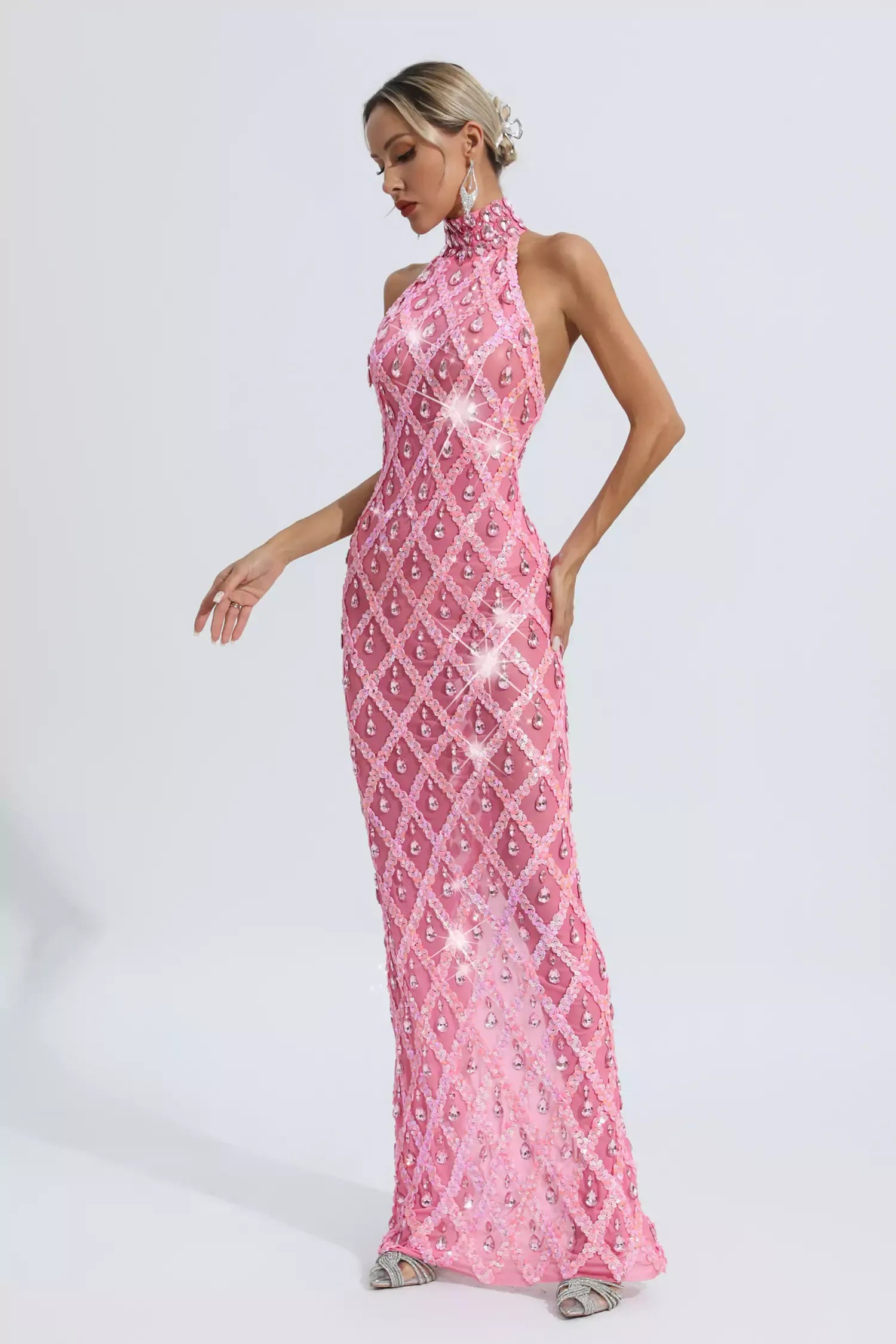 Louise Pembe Elmas Maxi Elbise (Astarsız)